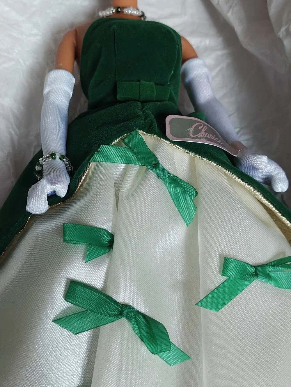 Velvet 'N' Bows Charice Doll By MiKelman #10699 Red Hair,  Green & Ivory Gown